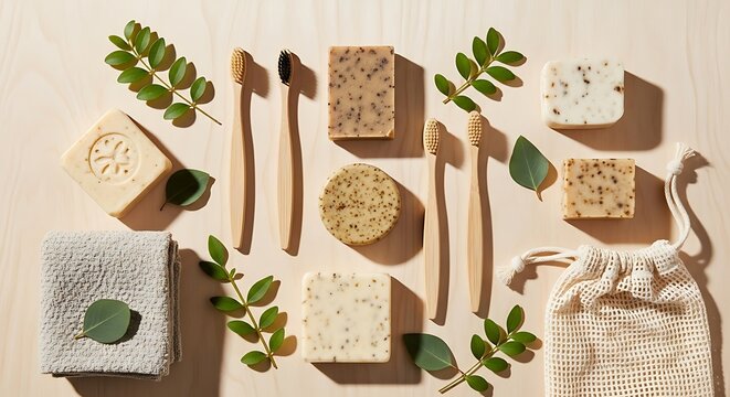 Zero waste bathroom accessories with bamboo toothbrushes and natural soap