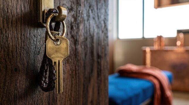 Gym locker key hanging on a rustic wooden door. Metal key with leather keychain