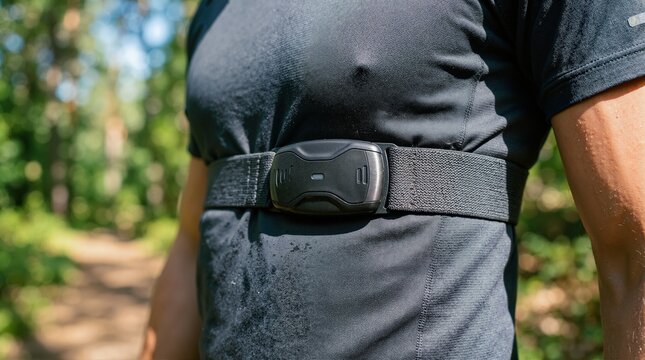 Man wearing a heart rate monitor chest strap during outdoor exercise. Fitness tracking device