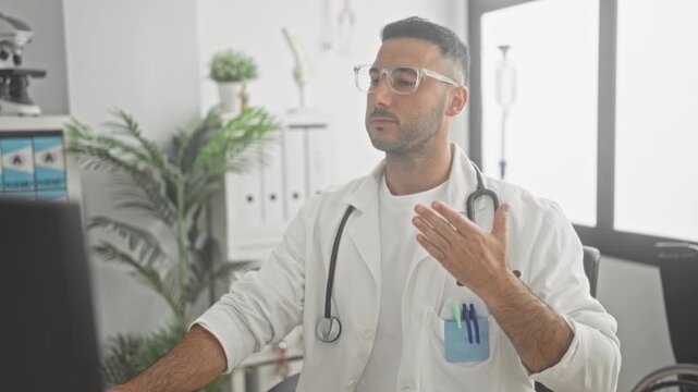 Man doctor with stethoscope places hand on chest while seated at computer in clinic building; concern reassurance.