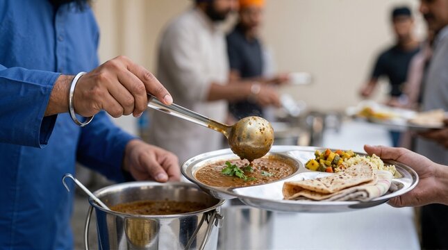 Volunteers serving food at a langar. Community service and charity concept. Traditional Indian meal distribution