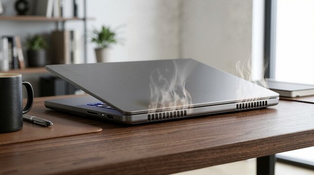 Laptop overheating on a wooden desk. Smoke rising from computer vents in a home office