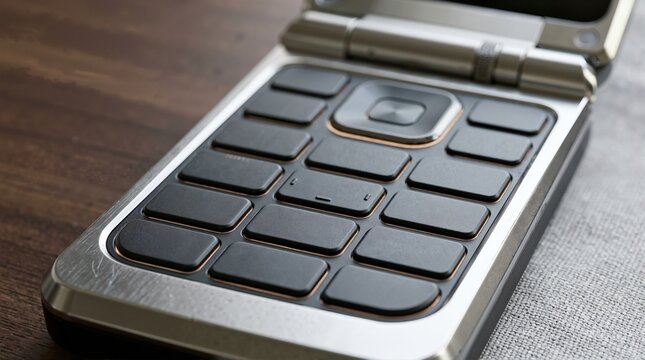 Close-up of keypad on modern flip phone. Mobile communication technology