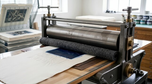 Printmaking press with paper and roller. Artistic printing process in a studio
