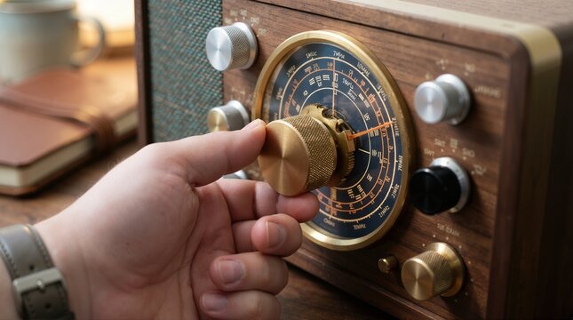 Adjusting the frequency dial on a vintage wooden shortwave radio. Hand tuning an old radio receiver