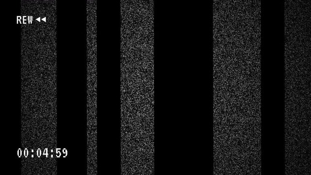 4K REW Screen Distortion Noise, Analog VHS Rewind Animation. Analog TV REW VHS Animation. VHS rewind effect with static noise and retro grain. 4K Video.