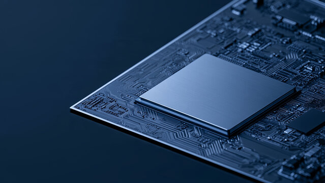 Close up of a microchip on a blue circuit board