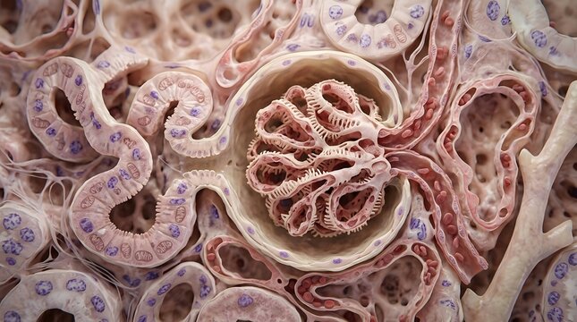 Microscopic view of a human kidney nephron with glomerulus and renal tubules in a detailed biological model