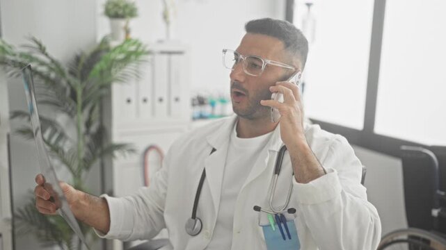 Young hispanic doctor holds xray and speaks on smartphone while seated in a building clinic; telemedicine diagnosis focused.