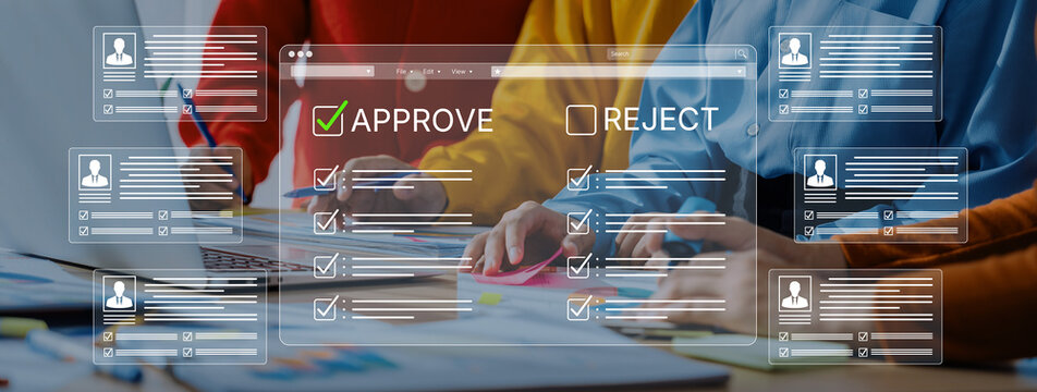 Digital Review Process with Approve and Reject Options in a Modern Workspace Featuring Diverse Professionals Collaborating on Evaluating Projects. Bitwise.