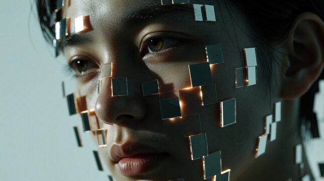 Close up portrait of young woman with pixelated face effect. Digital fragments, glowing square pieces cover skin, lost identity in tech era. Concept of glitch art, mental health, virtual reality