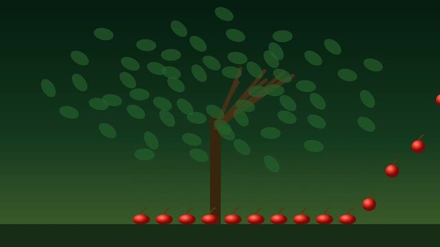 Kinetic harvesting sequence showing apples falling from a stylized green tree onto the ground in a progression of fruit collection for agricultural data visualization animation