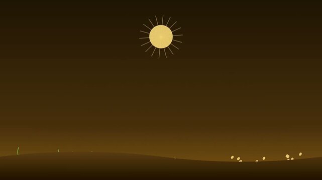 Minimalist kinetic harvesting motion shown in three phases with golden spheres transitioning towards a glowing sun over a dark brown horizon under dim atmospheric lighting