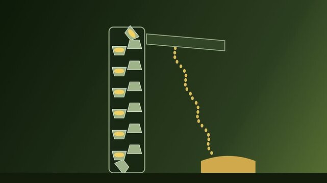 A mechanical kinetic harvesting process displays small yellow tokens falling through internal chutes into a collection bin within this digital animation of automated industrial supply chains