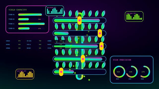 Kinetic harvesting visualized through three dynamic digital displays showing shifting green leaf icons and neon glowing sliders reflecting modern computational data processing within a dark interface