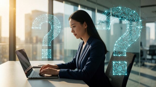 Asian businesswoman works on laptop in modern office. Large digital question marks float in air around woman. Professional female employee faces problem seeks information online. Corporate worker