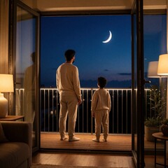 Fototapeta premium Father, young son stand on modern apartment balcony at night. Look at crescent moon in dark blue sky. Muslim family celebrates Hijri New Year Ramadan together. Silhouettes of man, boy observe moon