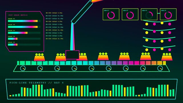 the rhythmic motion of kinetic harvesting is shown through a series of digital interfaces depicting automated robotic arms moving colorful circular items along conveyor belts
