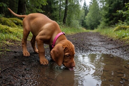 Cute Hungarian vizsla puppy drinks water from puddle on forest path. Young brown dog with pink collar quenches thirst in wet woodland. Small canine pet explores outdoors in nature after rain on muddy