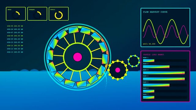 Innovative kinetic harvesting displays illustrate rotating energy turbines with shifting wave patterns and colorful bar graphs showing real time electrical output data for power management systems