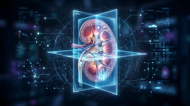 Advanced holographic human kidney scan on digital futuristic interface representing medical technology and biological analysis for modern healthcare