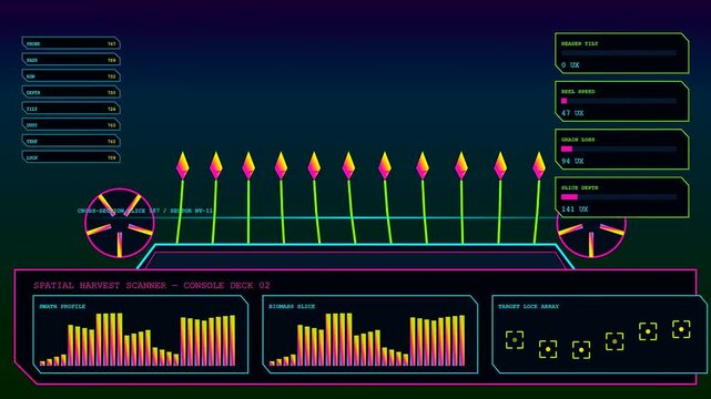 Data streaming kinetic harvesting visualization displays glowing neon waveforms with shifting frequency graphs and digital interface readouts pulsing in a synchronized sequence on a dark monitor