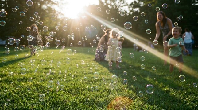 Children and adults play in the park with soap bubbles on a sunny day.