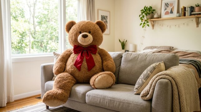 A huge brown teddy bear with a red bow sits on a grey sofa.