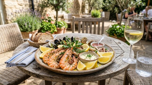 Delicious seafood platter sits on a wooden table at an outdoor restaurant terrace.