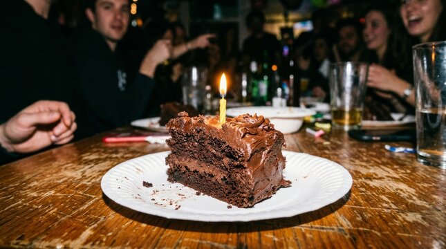 A slice of chocolate cake with a lit candle sits on a wooden table.