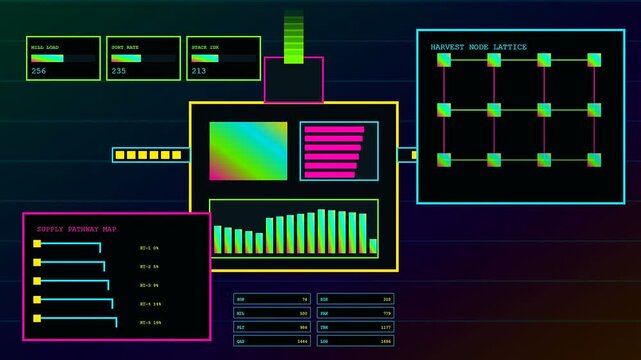 Displaying kinetic harvesting data through changing digital interface grids with neon charts and fluctuating metrics in this simulated screen sequence for modern data monitoring analysis displays