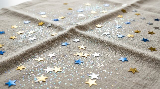Shiny confetti stars lie scattered across a textured cloth background.