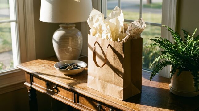 Brown paper gift bag sits on a wooden table next to a lamp.