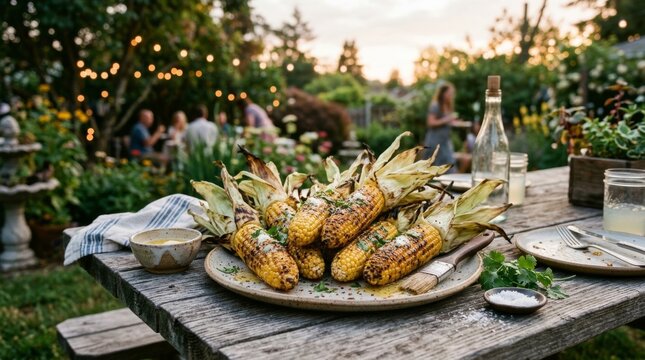 Delicious grilled corn rests on a wooden table at an outdoor garden party.
