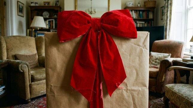 A large brown gift box with a red bow sits in a living room.