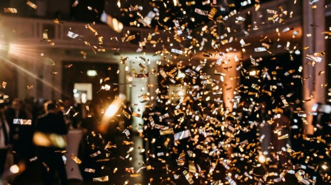 Golden confetti falls down inside the large hall during a celebration event.