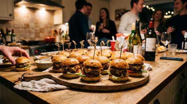 Friends gather in a kitchen while mini burgers sit on a wooden cutting board.