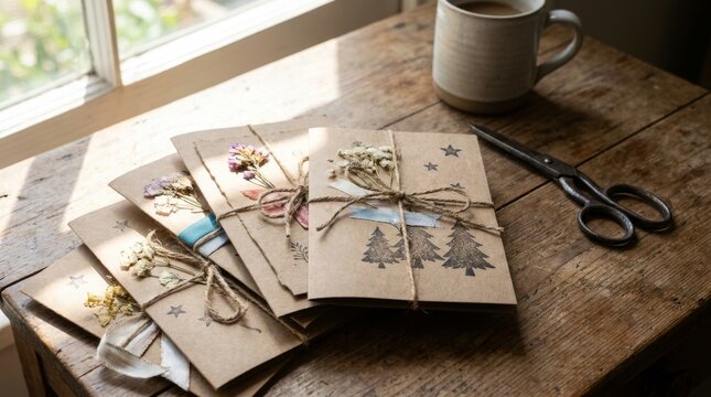 A handmade paper card rests on a wooden table with a coffee cup.