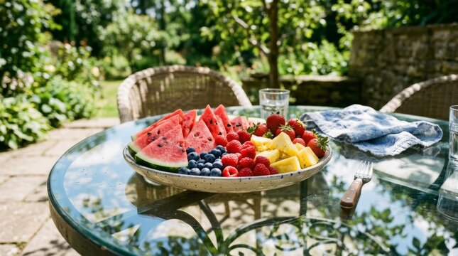 Fresh sliced fruit sits on a table outside in the sun