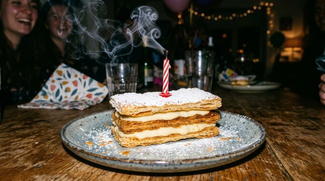 A birthday cake sits on the table while smoke rises from the candle.