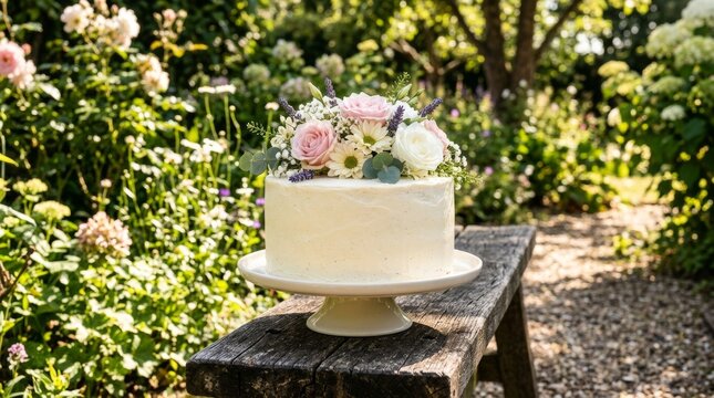 A beautiful white wedding cake sits on a wooden bench in the garden.