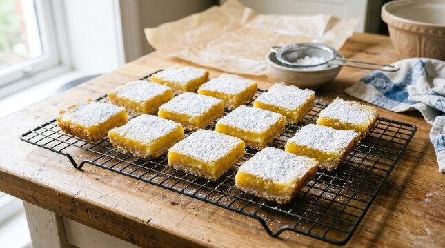 Fresh lemon bars sit on a wire cooling rack in the kitchen.