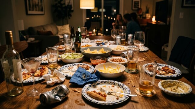 Dirty dinner table after the party with empty plates and beer glasses sitting around