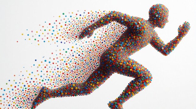 Abstract silhouette of running athlete made from colorful dots. Vibrant particles create dynamic motion, speed effect on white background. Modern digital art shows human energy, fitness training,