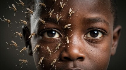 Fototapeta premium Close up face of young African child surrounded by many mosquito insects. Swarm of pests flies near eyes, skin. Concept of malaria disease prevention, tropical infection danger in hot climate.