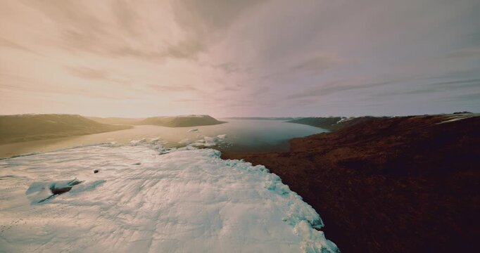 aerial view of pastel horizon with icy foreground, wide negative space and soft gradient sky, versatile stock background for branding, web and editorial layouts
