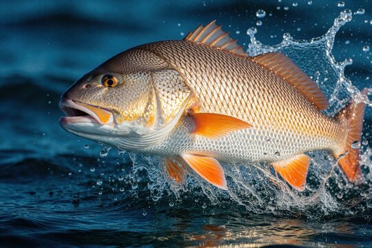 Red drum fish leaps out of blue ocean water with mouth open. Powerful aquatic animal jumps through waves, creating big splashes. Close up view shows scales, fins, detail of sea life in nature during