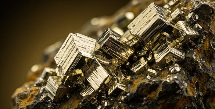 Macro view of raw pyrite mineral cluster. Golden cubic crystals grow on dark rock. Shiny metallic fool gold texture shows geometric shape, natural luster. Close up detail of iron sulfide ore specimen