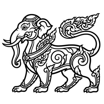 Mythical Creature: A stylized black and white illustration of a mythical creature, blending the form of an elephant with intricate decorative patterns, evoking ancient lore and artistic heritage.