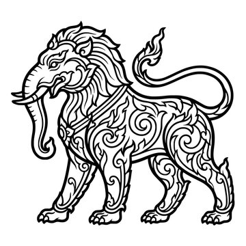 Mythical Creature Line Art: An intricate line drawing of a mythical creature, possibly a blend of lion and elephant, adorned with decorative patterns.